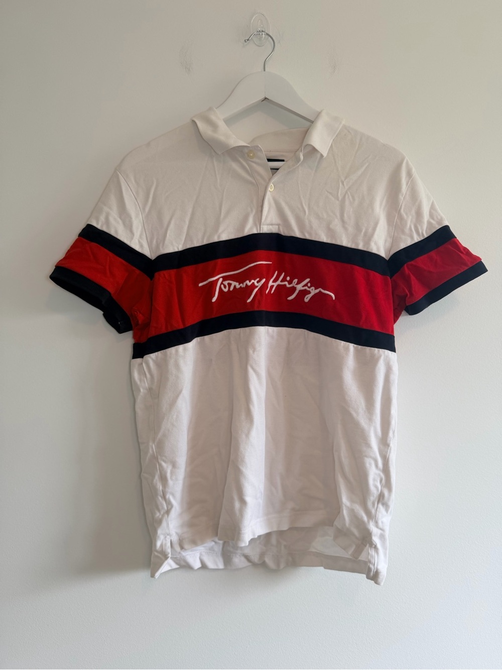Vintage Tommy Hilfiger White & Red Signature Stripe Polo Shirt